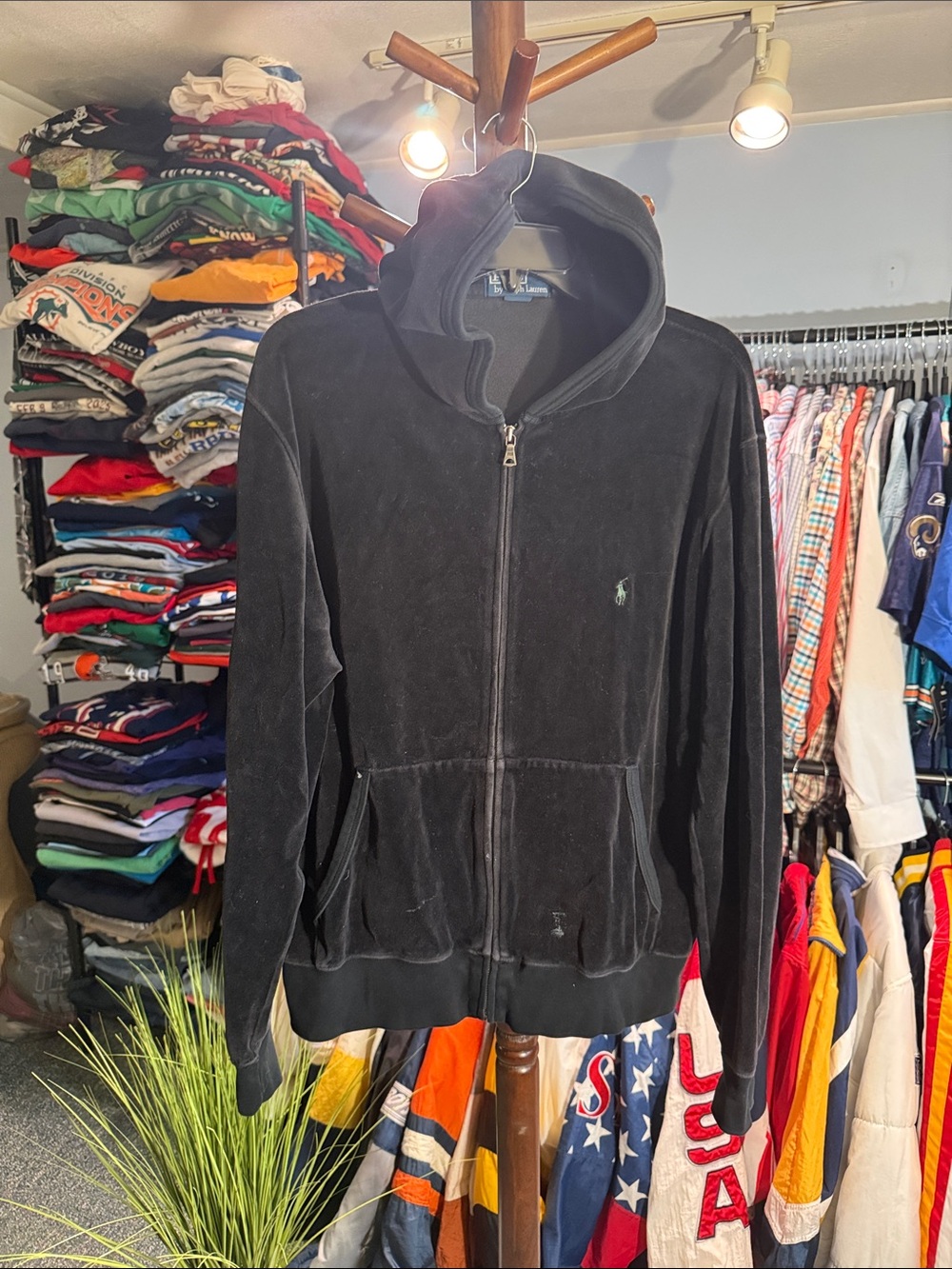 Ralph Lauren Men’s Black Velour Full-Zip Hoodie Jacket